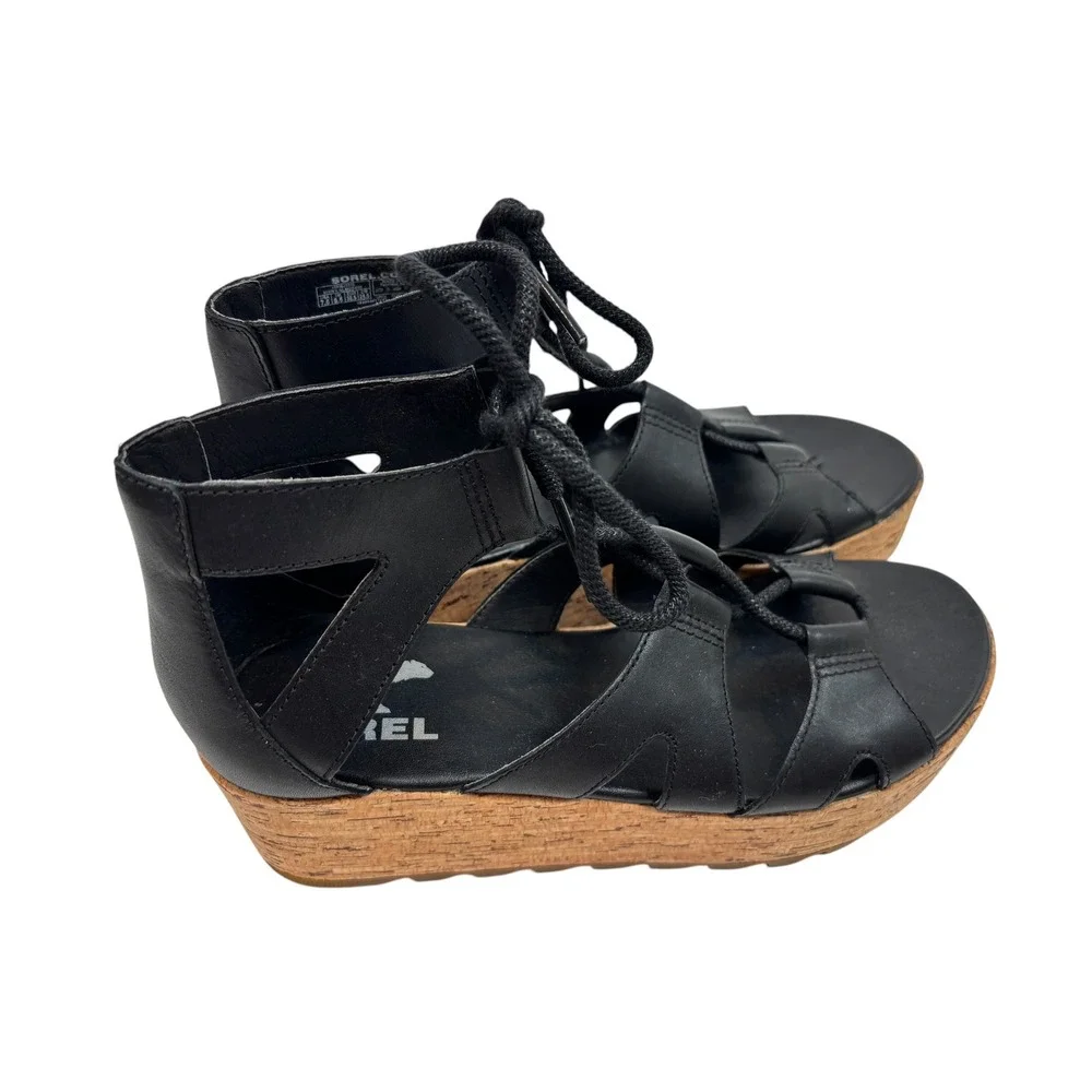 Sorel Joanie II Lace Black Leather Cork Platform Wedge Gladiator Sandals 8.5